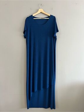 Chico's Travelers Women's Asymmetrical Hem Maxi Dress Blue Slinky Knit Sz 3 (XL)